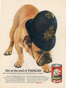 OLD VINTAGE 1960 FRISKIES DOG FOOD ADVERT BULLDOG WEARING POLICE HELMET b3 - Picture 1 of 1