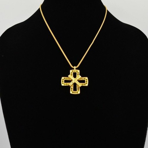 Givenchy Collana Vintage Cristallo Croce Ciondolo Oro Spazzolato Verde Firmato BinE