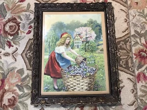 Antique Wood Victorian Picture Frame W/ Picture Of Girl Flowers Countryside - Picture 1 of 5