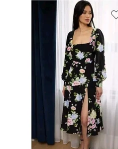 Yumi Kim Marlo Midikleid schwarz Blumenmuster Damen kleiner Frontschlitz neu mit Etikett  - Bild 1 von 5