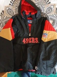 Vintage 90s Starter San Francisco 49ers Jacket Hooded Pullover Black Size L - Picture 1 of 7