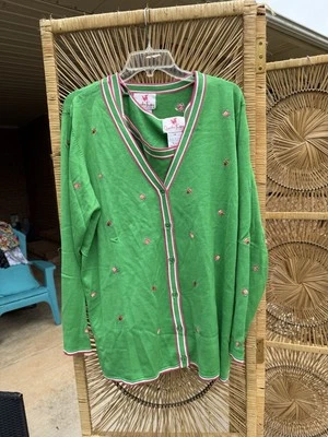 Quacker Factory 1x Pink Bees Green Ladies Sweater Cardigan  And Tank Set Blend - Image 1 of 4