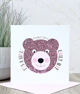 Nueva Tarjeta Bebé Niña, Personalizada y Hecha a Mano, Oso de Peluche, Regalo, Recuerdo - Imagen 1 de 2