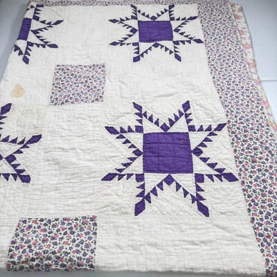 vintage handmade quilt twin flower purple feedsack cotton rustic primitive - Image 1 of 4