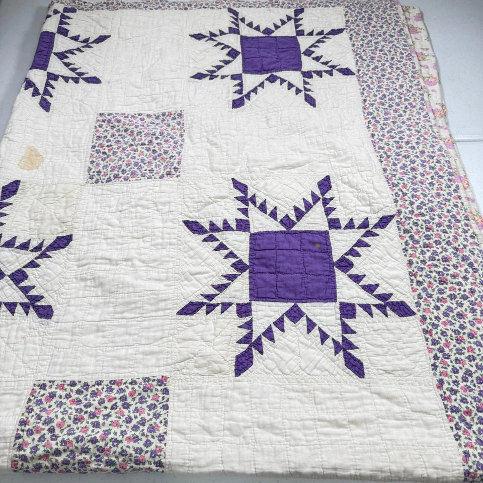 vintage handmade quilt twin flower purple feedsack cotton rustic primitive - Image 1 of 4