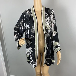 Cardigan donna Bob Mackie indossabile arte grande trasparente aperto davanti nero beige - Foto 1 di 6