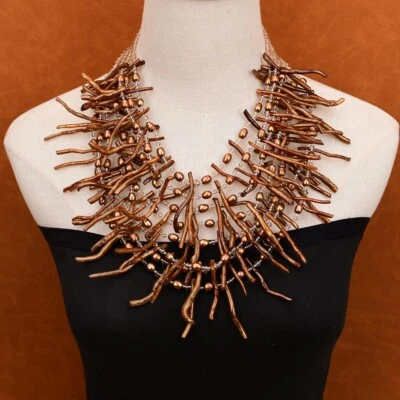 8 Rows Natural Brown Rice Pearl Golden Coral Branch Champagne Crystal Necklace - Image 1 of 4