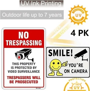 4 Pack WARNING SECURITY SMILE ON CAMERA NO TRESPASSING Aluminum Composite Sign - Picture 1 of 6