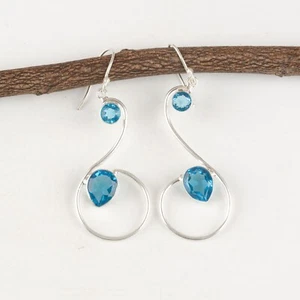 Blue Topaz Gemstone 925 Sterling Silver Earring Handmade jewelry Earring Gift - Picture 1 of 3
