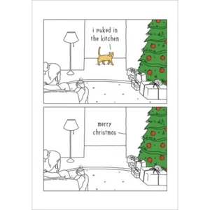 Divertida Tarjeta de Navidad Gato Vomitado en Cocina - Tarjeta de Navidad Humorosa para Amantes de los Gatos - Imagen 1 de 2