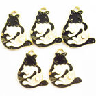 5Pcs Black White Enamel Tibetan Gold Halloween Cat Pendant Bead PJ4609