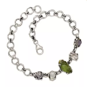 Natural Genuine Czech Moldavite & Herkimer Diamond 925 Silver Bracelet SB17327 - Imagen 1 de 1