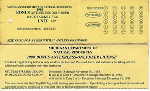 1988 MICHIGAN DNR ANTLERLESS DEER BACK TAG KILL TAG -MICHIGAN DEER-BEAR - Picture 1 of 1