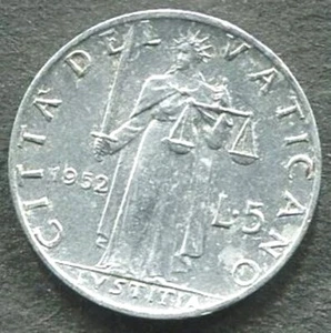 COIN - VATICAN CITY - FIVE 5 LIRE - KM# 51.1 - ALUMINUM - "Justitia" 1952 (C115) - Picture 1 of 18