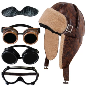 WW2 BIGGLES WARTIME FIGHTER PILOT SHEEPSKIN AVIATOR HAT AND CHOICE OF GOGGLES - Picture 1 of 3