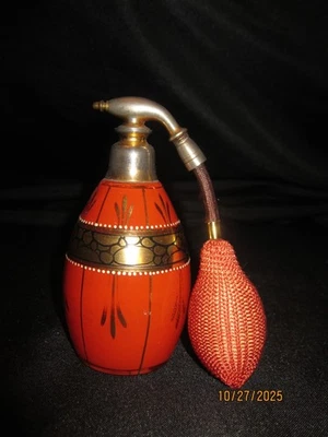 Art Deco Era Orange, Black, Gold  Glass Reverse Painted Floral Perfume Atomizer - Image 1 of 4