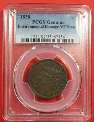 1838 1c PCGS VF Detail. Env. Damage. Desirable type coin. (1125045). - Image 1 of 4