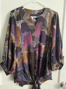 Chico’s Blouse Women's Sz 10 V-Neck 3/4 Bell Sleeve Hi Low Keyhole - Picture 1 of 11