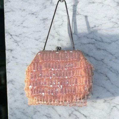 Cartera Walborg Vintage Original Rosa Años 50 Cuentas a Mano Más Rica Con Lentejuelas-rara Foto 1 de 4