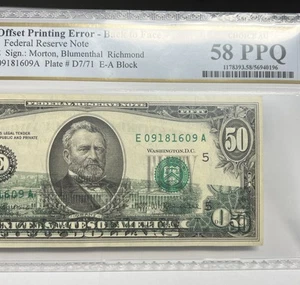 $50 1977 Offset Printing Error Back to Face Federal Reserve Note PCGS Ch AU58PPQ - Picture 1 of 4