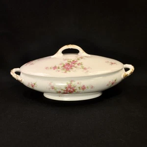 Limoges Charles Martin 12" X 7"Oval Covered Vegetable Bowl Floral Gold 1891-1935 - Picture 1 of 12