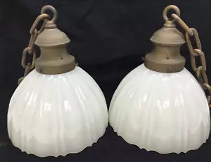 Faries Suspended Lights 2 1/4" Fitter 7" Opal White Glass Shades Pair 1912 Circa - Picture 1 of 5