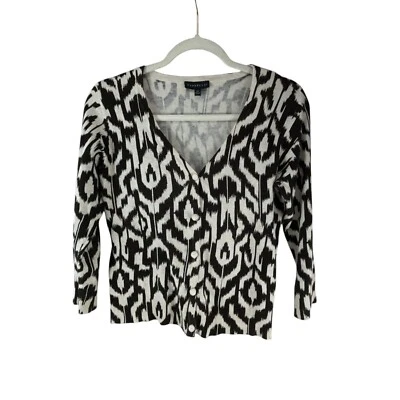 Cárdigan Rafaella Negro Blanco Estampado Ikat Abotonado Mangas M 3/4 Suéter Top Foto 1 de 4