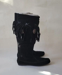 NEW True Religion Black Suede Moccasin Style Fringe Boots NWT 9.5 - Picture 1 of 9