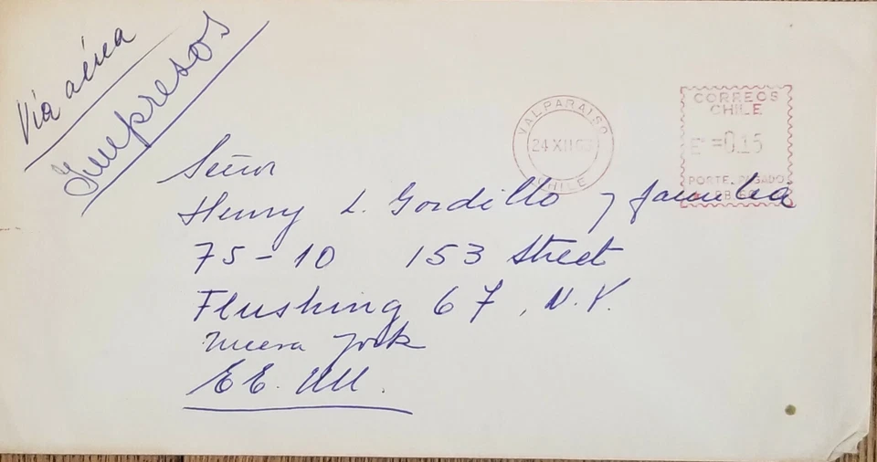 J) 1963 CHILE, SELLOS METTEER, ROJO, CORREO AÉREO, CUBIERTA CIRCULADA, DE CHILE A VAL Foto 1 de 1