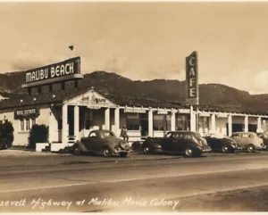 c.1940s Malibu Movie Colony Beach Art Jones Realty Cafe Roosevelt Hwy CA RPPC - Bild 1 von 3
