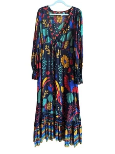 FARM Rio Women’s Georgette Tropical Black Colorful Maxi Dress Size XL Toucans - Picture 1 of 17