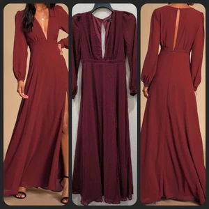 LULUS All my Life Burgundy Long Sleeve V neck Maxi Dress Size MEDIUM**NWOT** - Picture 1 of 13