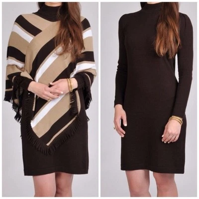 Lennie For Nina Leonard Sweater Dress & Cape Shawl Women Brown Fringe Knit S M L - Image 1 of 4