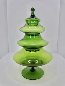 HTF Vintage MCM Empoli Glass Christmas Tree Candy Dish In Green 13” Complete - Picture 1 of 9