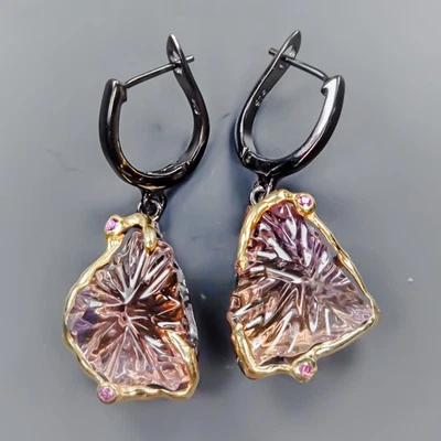 手工制作 28 克拉 + 天然氨黄水晶耳环 925 纯银 /E128412 — 第 1/4 张图片