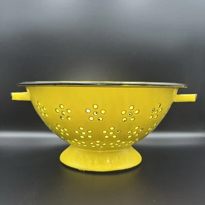 Vintage MCM Yellow Enamel Colander Strainer Handles Heavy Duty Black Rim JAPAN - Image 1 of 4