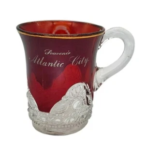 Antique Ruby Cranberry Flash Glass Souvenir Mug Clear EAPG Base Clear Handle - Picture 1 of 5