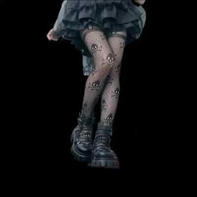 Medias de rejilla con patrón de calavera, pantimedias de malla de cintura alta huecas de Halloween Foto 1 de 2