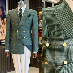 Men's Green Houndstooth Suit Double Breasted Peak Lapel Business Regualr Fit - Picture 1 of 10