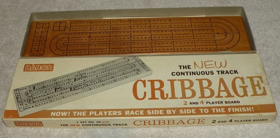 Vtg Baron No. 28/250 The New Continuous Track Wood Cribbage Board Original Box - Image 1 of 1