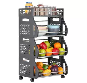 Fruit Vegetable Storage Basket, 4 Tier Metal Rolling Cart Organizer Rack Kitchen - Picture 1 of 10