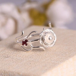 Designer Rose Flower Sterling Silver Raw Spinel Ruby Gemstone Engagement Ring - Picture 1 of 11