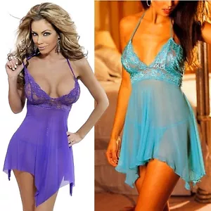 HANDKERCHIEF Hem CHEMISE Purple AQUA Blue LACE Sheer MESH Babydoll LINGERIE - Picture 1 of 3