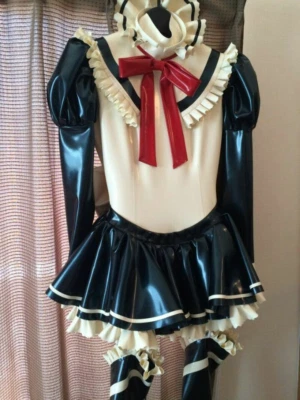 100% Latex Kleid Gummi Club Dresses Cosplay Maid Uniform Schwarz Stocking S-XXL - Bild 1 von 4