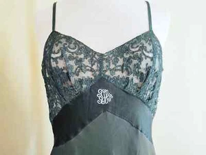 Vintage 1930' Black Bias Cut Silk/Lace Slip-Dress with Bound Scalloped Hemline - Picture 1 of 10