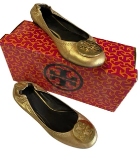 Tory Burch Distressed Leather Reva Gold Ballet Flat Slip On Shoes Womens Sz 6.5 - Picture 1 of 16