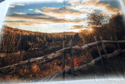 30x44 Fabric Panel Sun Up To Sun Down U5072 Old Wood Fence Trees Hoffman Fabric - Image 1 of 4