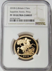 2018 GOLD GREAT BRITAIN 2 SOVEREIGN SAPPHIRE ANNIVERSARY PRIVY COIN NGC PF 70UC - Picture 1 of 3