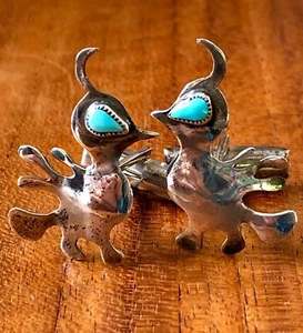 Vintage Rare Sterling Silver Turquoise Roadrunner Peacock Cufflinks A102 - Picture 1 of 6