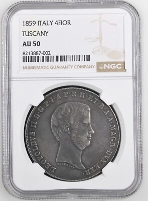 ITALY / ITALIAN STATES  TUSCANY  1859  4 FIORINI SILVER COIN NGC CERTIFIED AU50 - Image 1 of 4